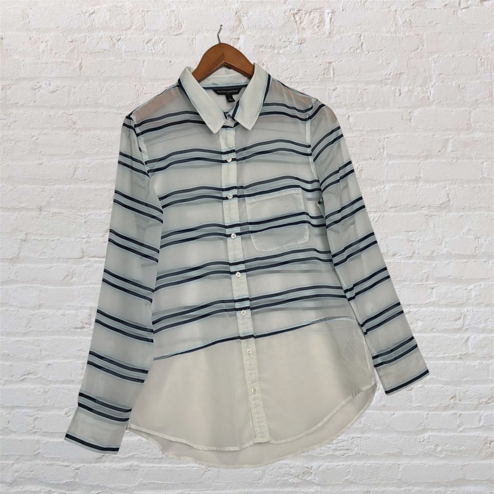 Banana Republic Sheer Striped Button Down Blouse Blue White Long Sleeve Small